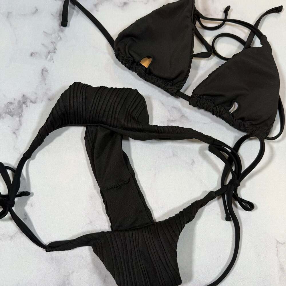 Black Ribbed Triangle String Bikini Two-Piece Cheeky Set Small - Picture 6 of 9